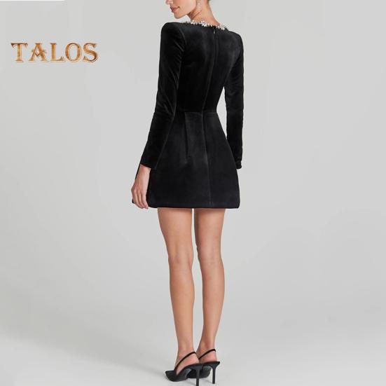 Women Dress Rhinestone Flower Square Neck Long Sleeves A-line Solid Color Mini Dress Above Knee Length Fall Spring Dress for Dating Party