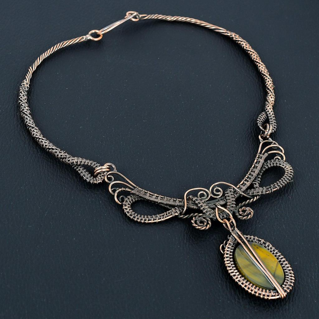 Blue Tiger's Eye Necklace, 999 Copper Wire Wrapped Jewelry, Gemstone Jewelry Adjustable Chain Necklace, Handmade Wedding Gift Jewelry