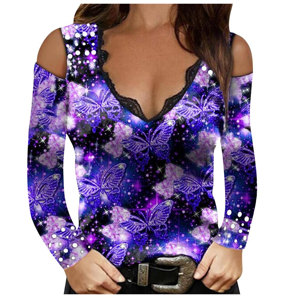 Women's Long Sleeve Sexy Floral Printed V-neck Lace Strapless T-shirt Blouse Top