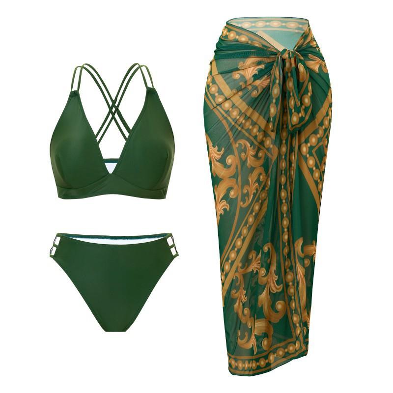 

Swimwear Printed Lace Triangle Cup Mesh Sexy Bikini Swimsuit Three-piece Set S