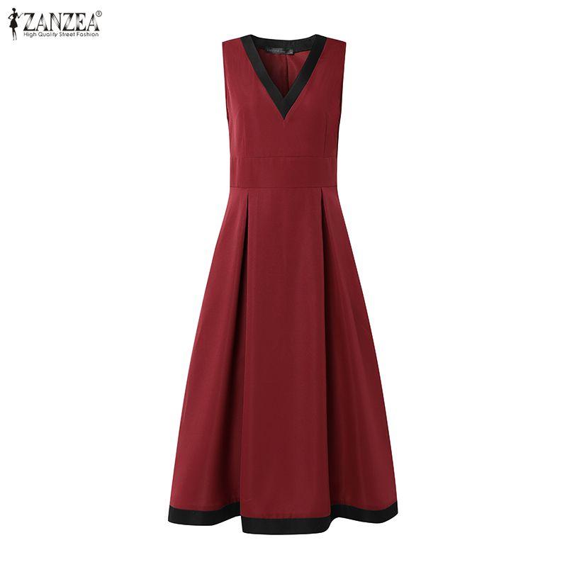 ZANZEA Women Casual V-Neck Elegant Sleeveless A-line Dress