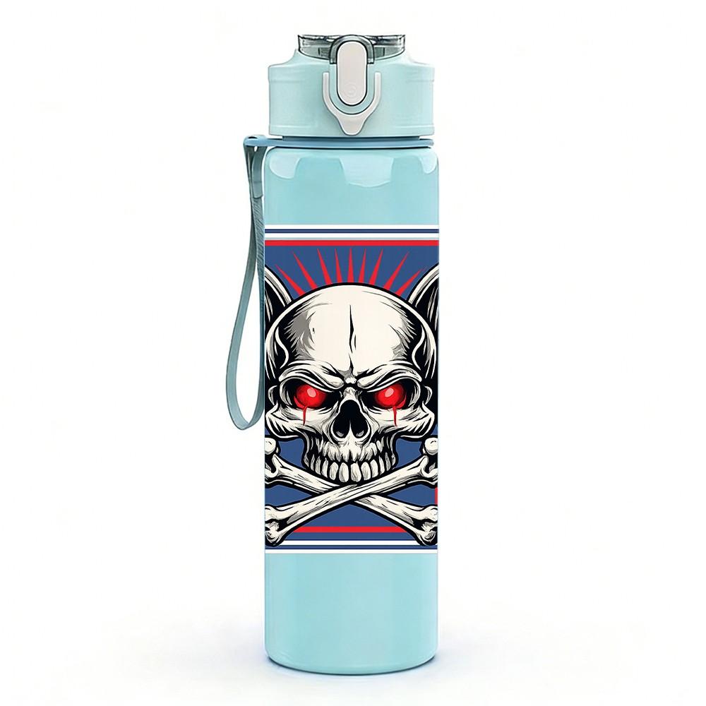 1PC Skull Mask Helmet Biker Theme Print 750ml Color Plastic Sports Water Bottle Leakproof Flip Straw Lid Suitable for Sports Office Home Use