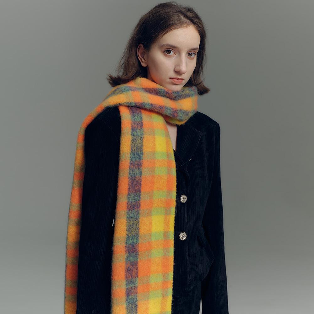 Wool Blended Dopamine Orange Plaid Scarf for Women Autumn and Winter Soft Warm Scarf