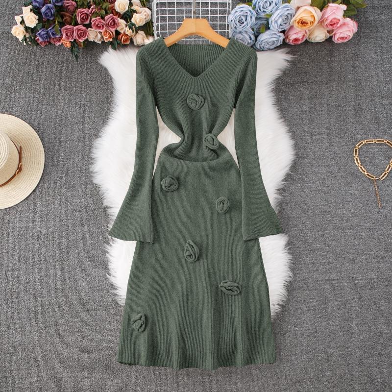 Autumn Winter Women Elegant V-neck 3D Flower Knitted Sweater Long Midi A-line Dresses