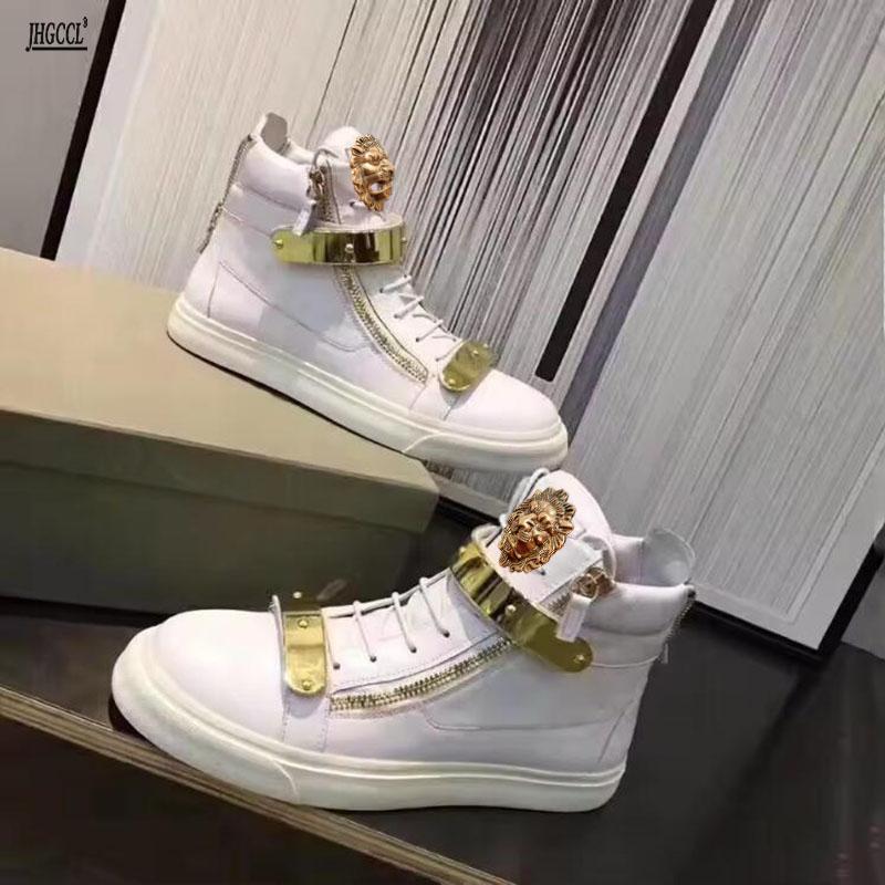 Fashion Real Leather White Color Shoes Luxury High Quality Mens Casual For Top Metal Buckle Sneakers Board Spring Autumn Male