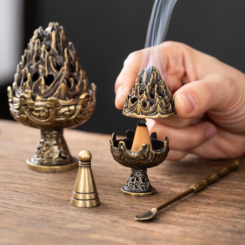 Retro Boshan Incense Burner Set: Incense Tower Mold, Seal, and Spoon for Ceremony - No Sticky Powder Sandalwood.