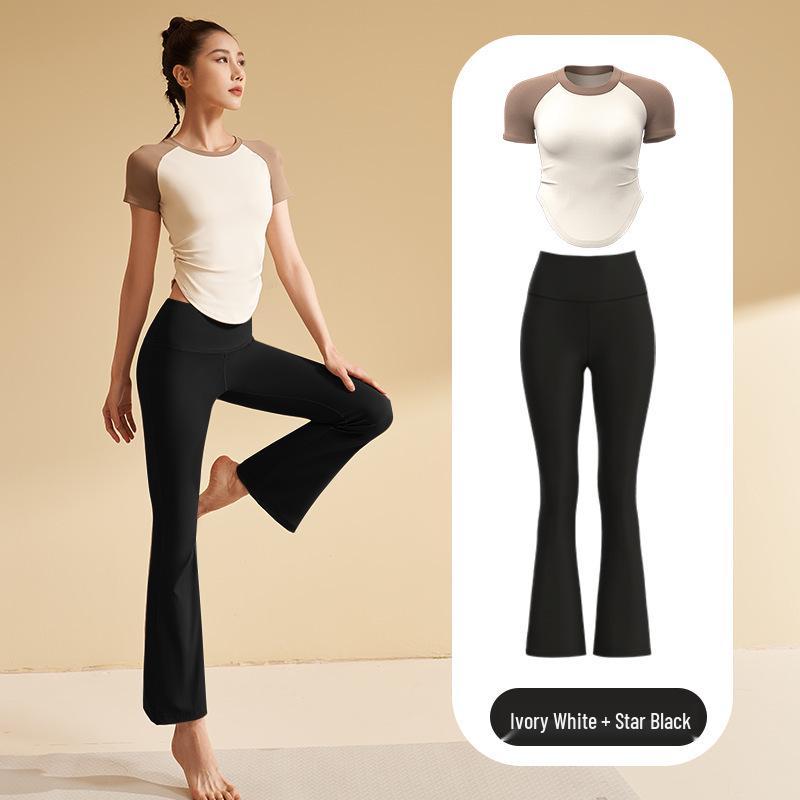 Damen Nude Feel Yoga Set: Schnelltrocknendes Kurzarm-Top & Lange Hose für Outdoor-Fitness