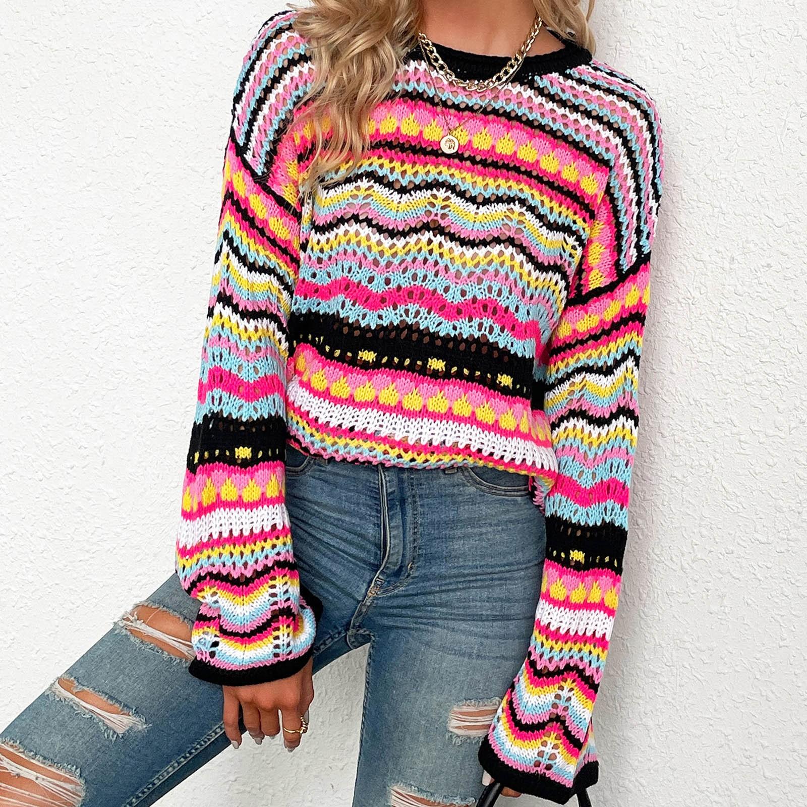 Women s Stitching Loose Two-color Round Neck Striped Sweater Casual Cutout Top L чёрный