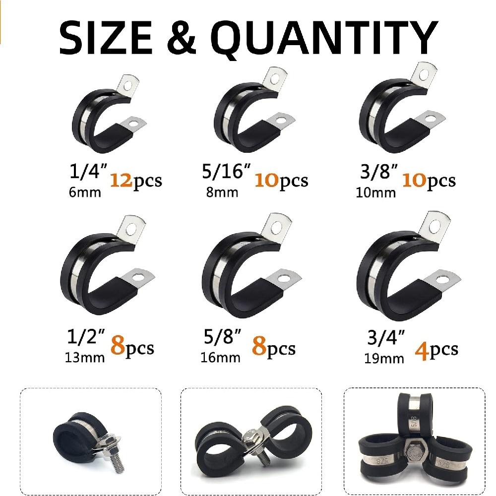 52Pcs Rubber Cushioned Cable Clamp Assortment Kit, 304 Stainless Steel Wire Pipe Clips, 6 Sizes 1/4" To 3/4" For Automotive Boat RV Cable Management