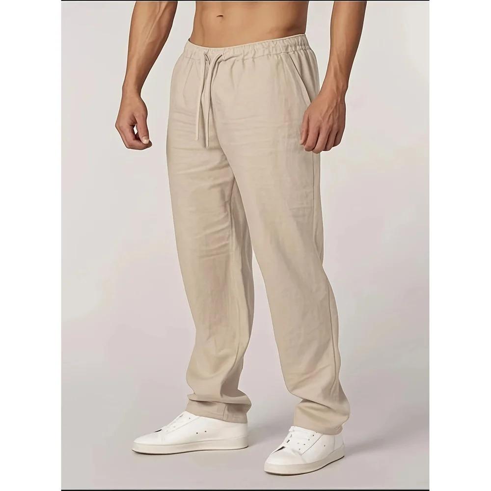 

Осень Новые Мужские Хлопково-Льняные Брюки Прямого Кроя Легкие Дышащие Повседневные Базового Стиля Эластичная Талия Длинные Брюки XL бежевый