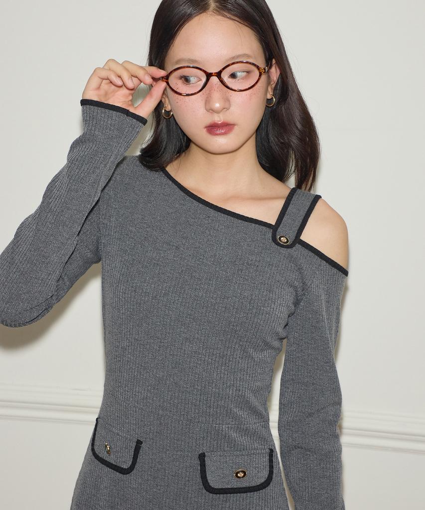 Salon De Yon One Shoulder Long Sleeve Mini Dress_ Charcoal