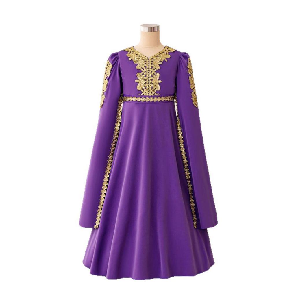 Middle Eastern Muslim Evening Dress with Long Sleeves and Puffy Long Skirt In Purple for Festival Performances