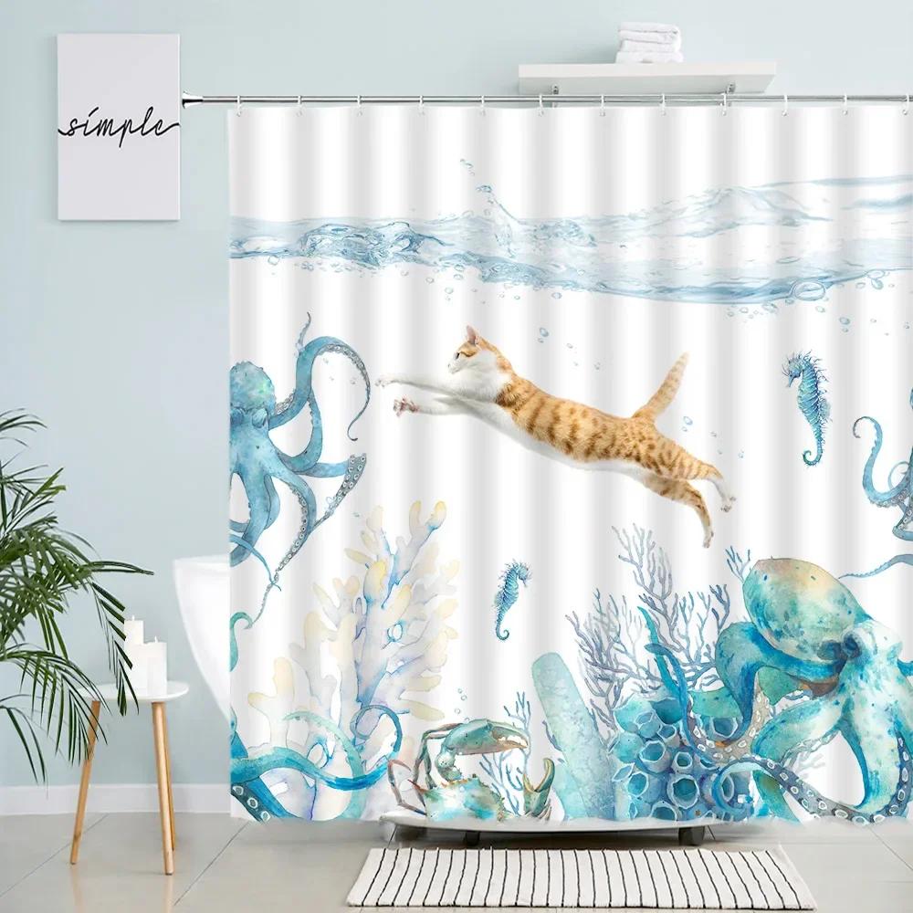 Nordic Cartoon Shower Curtains Underwater Fish Coral Sea Turtle Swimming Cat Creative Children Bathroom Decor Bath Curtain Hooks