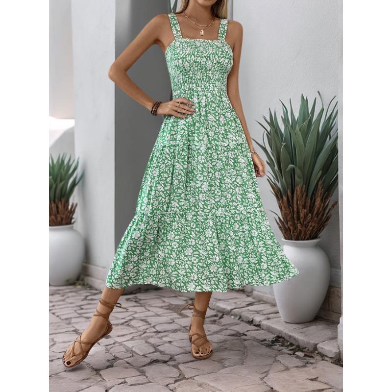VEZFAA Damenmode Sommer Frühling Blumenmuster Druck Ärmellose Hosenträger Hohe Taille Freizeitkleider