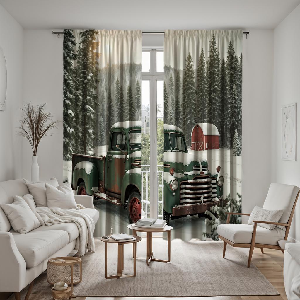 2pcs HD Pine forest truck snow view decorative curtain Green tie digital printed curtain Home Decoration style Decoration liv