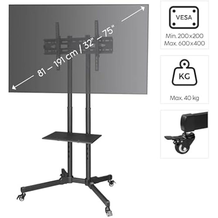 Hama TV-Ständer auf Rollen bis zu 75 Zoll - Höhenverstellbar - Schwarz