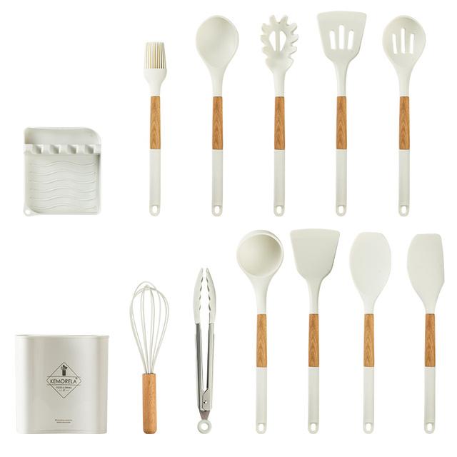 10/13 PCS Silicone Kitchen Cookware High Temperature Resistant Non-Stick Wooden Handle Spatula Baking Tools Cookware Set