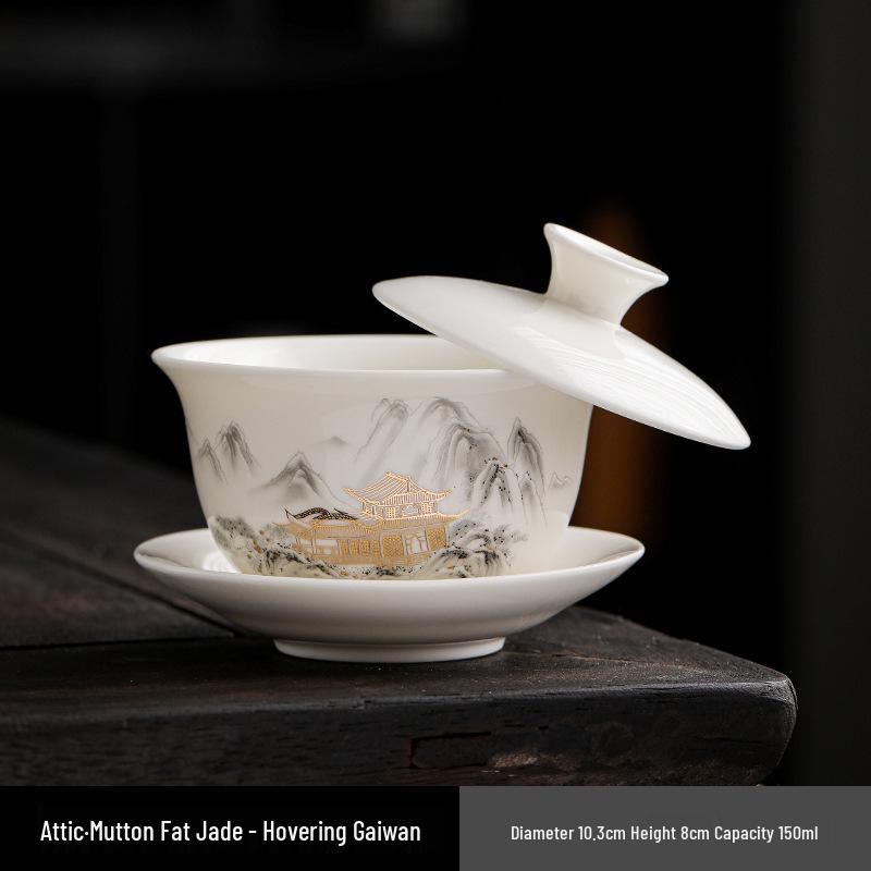 Large Dehua White Porcelain Lidded Bowl and Teacup Set for Tea Ceremony