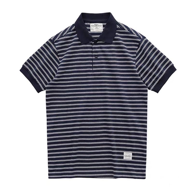 Vintage Sailor Striped Cotton Polo Shirt for Men - Summer Short Sleeve Turn-Down Collar