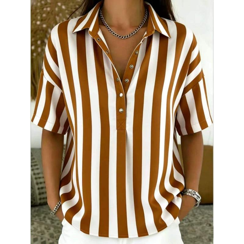 TIFICY Women's Fashion Casual Summer Spring Stripe Print Short Sleeve POLO Neck Blouses & Shirts