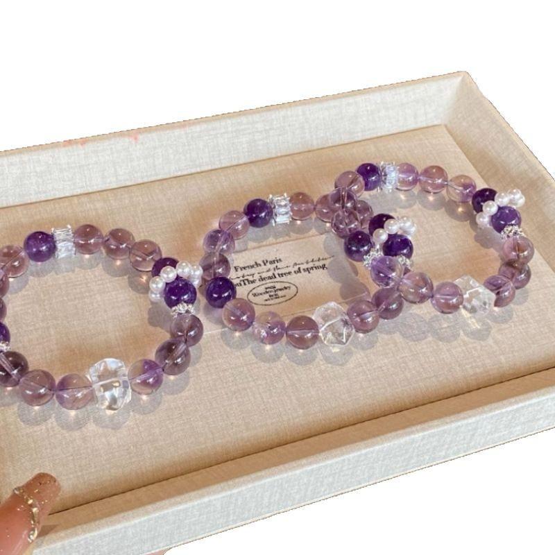 Natural Uruguayan Amethyst Bracelet with Design Elements, White Crystal Bead Bracelet for Women, High-End Authentic Jewelry Gift