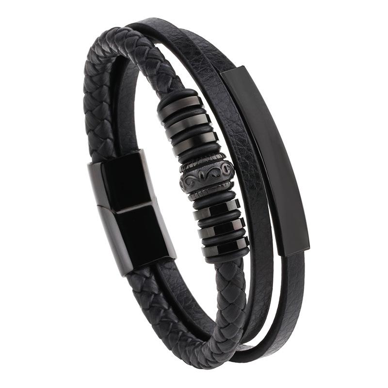 Men's Multilayer Braided Leather Bracelet Stainless Steel Gold Bead Bar Magnetic Clasp Punk Wristband Male Jewelry Gift