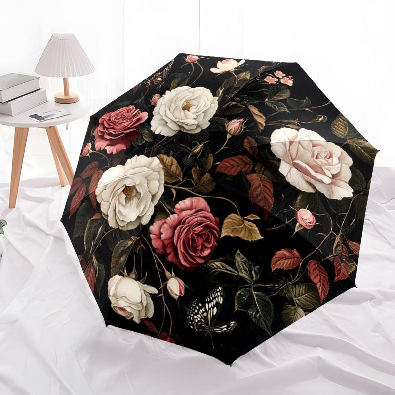 1 PC Automatic Folding Umbrella - Roses and Butterflies Pattern, Portable & Foldable Design with 8 Ribs, Christmas Birthday Gifts
