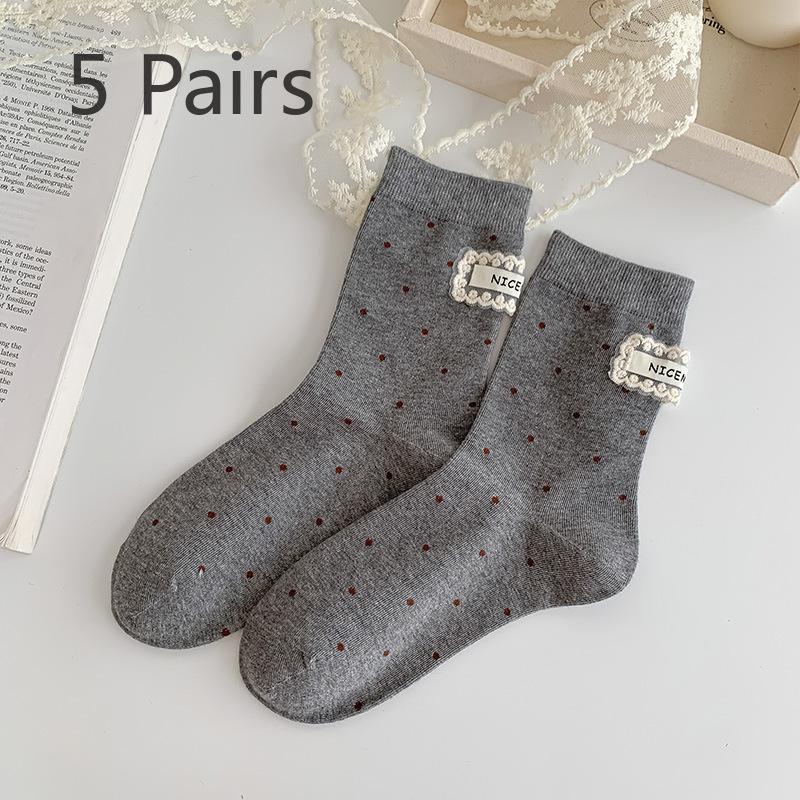 

5 Pairs of Women s Winter Sweet Polka Dot Mid-calf Socks, Letter-label Trendy Pile Socks, Boneless 5 pairs