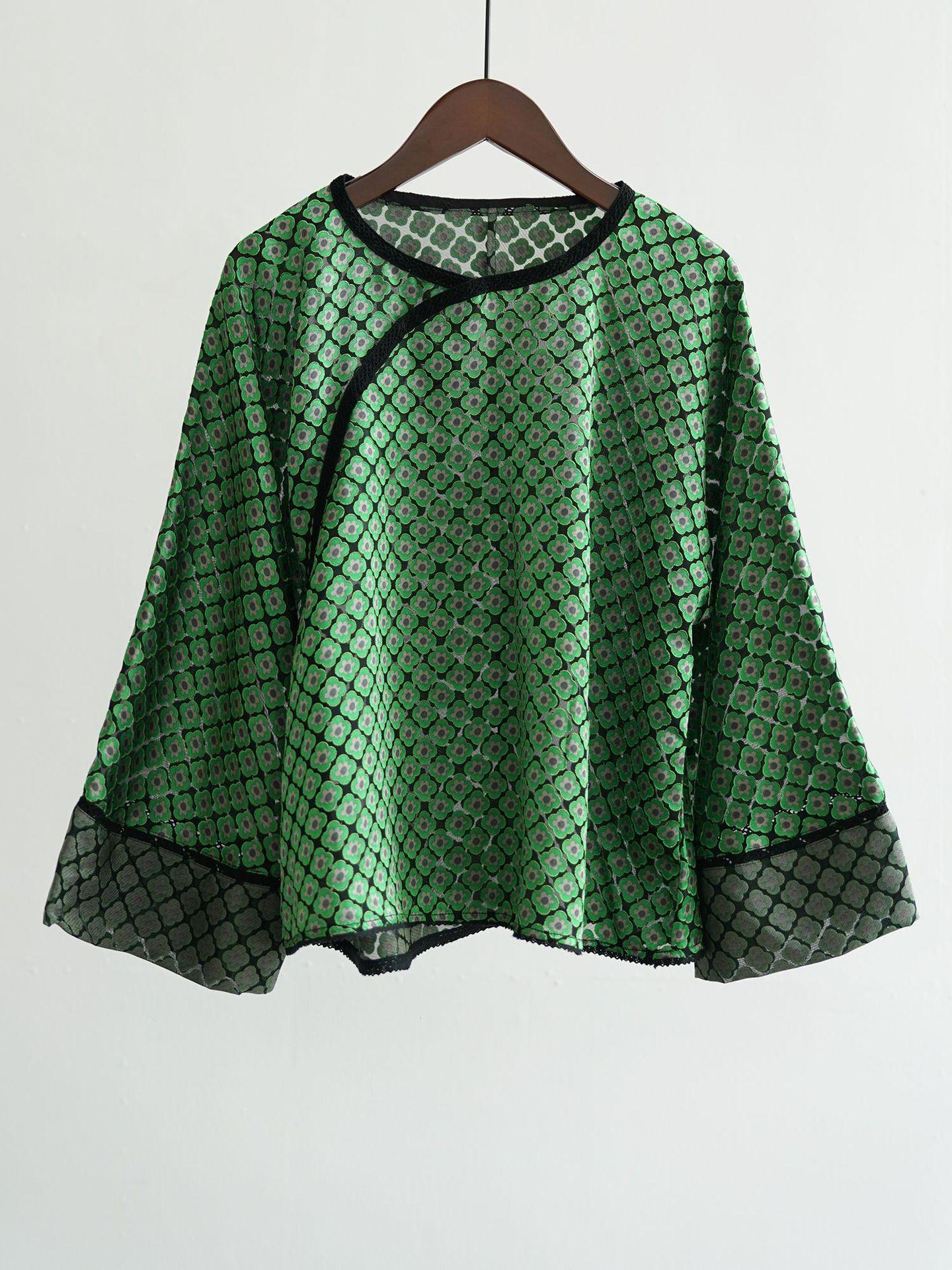 

Johnature Women Vintage Green O-Neck Long Sleeve Summer Loose Chinese Style Female High Quality Tops One Size зелёный