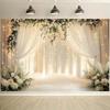 A Fashionable Floral Arch Wedding Background with White Curtains and Gentle Radiance