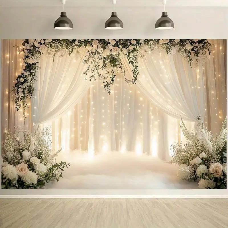 A Fashionable Floral Arch Wedding Background with White Curtains and Gentle Radiance