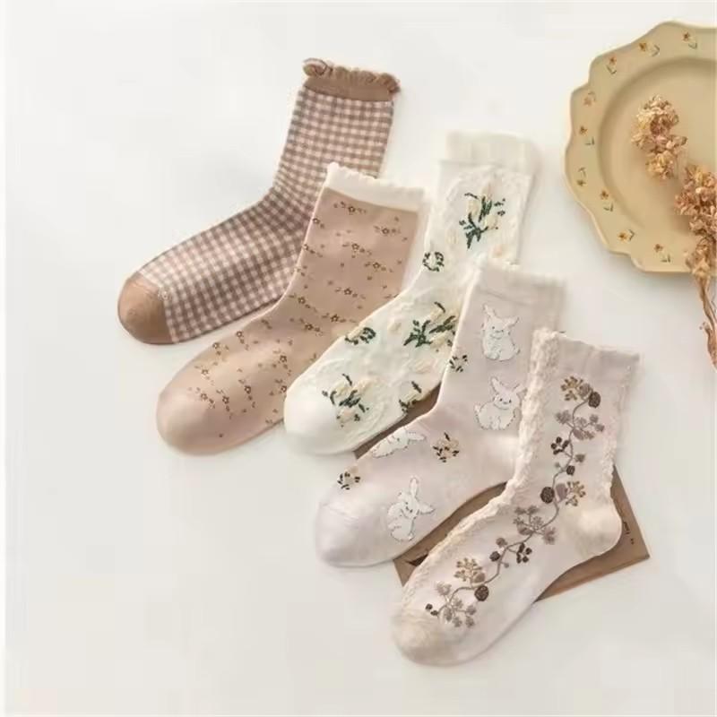 5 Paar Damen Cartoon Bedruckte Mittelhohe Socken Retro Blumenmuster Tiermuster Bequeme Schweißabsorbierende Atmungsaktive Freizeitsocken