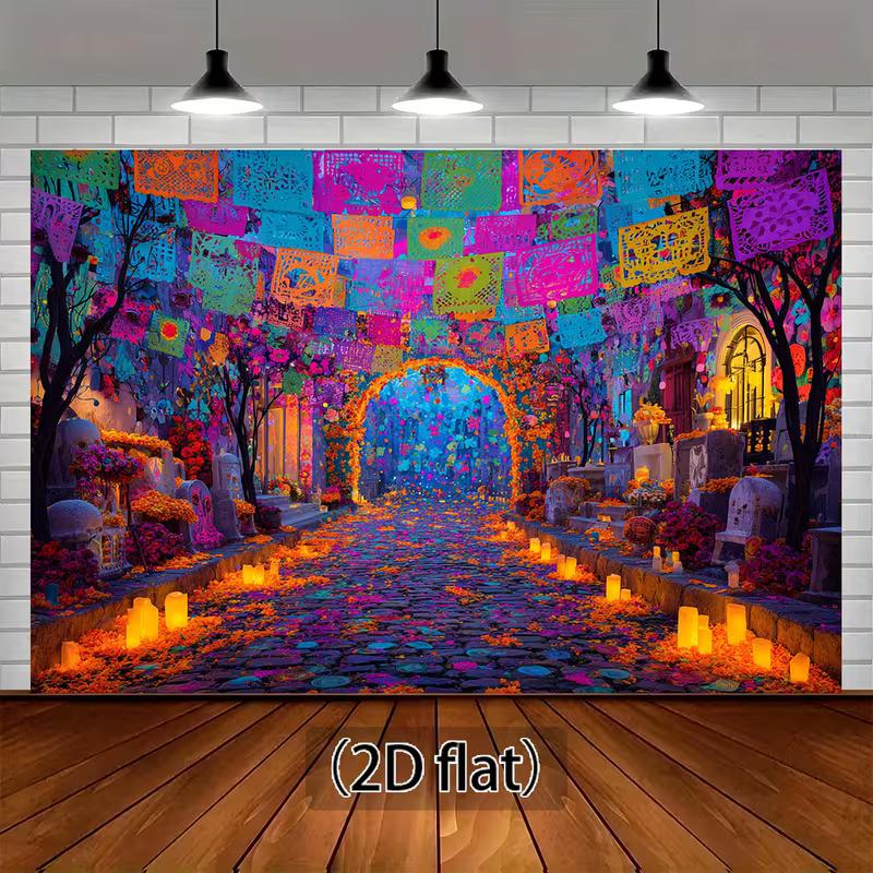 

2D Mexican Day of the Dead Backdrop, Cemetery with Flags and Marigold Path Background 47.2x31.5inch/120*80cm