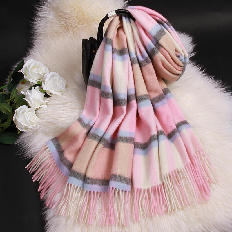 Winter 100% Lamb Wool Scarf Women Luxury Thicken Warm Shawls Wraps Checkered Pashmina Foulard Femme Plaid Cashmere Scarves