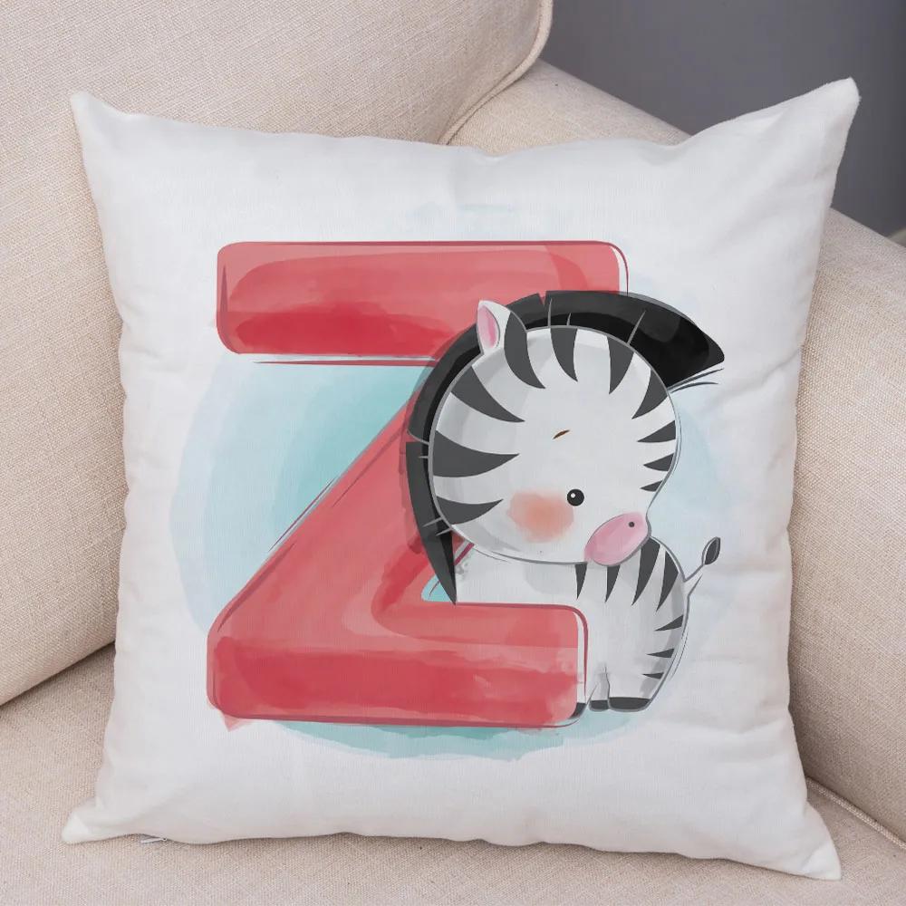 Cute Cartoon Animal Cushion Cover for Children Room Water Color English Letter Print Pillow Case Short Plush Pillowcase 45x45cm