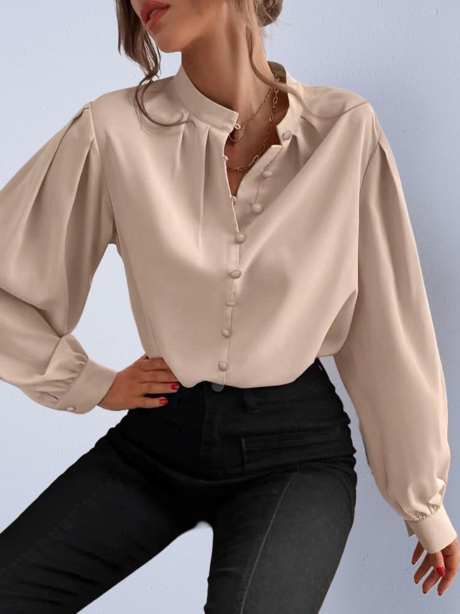 Women s European & American Satin Lantern Sleeve Pink Shirt - Loose Fit, Long Sleeve for Spring & Autumn XXL хаки