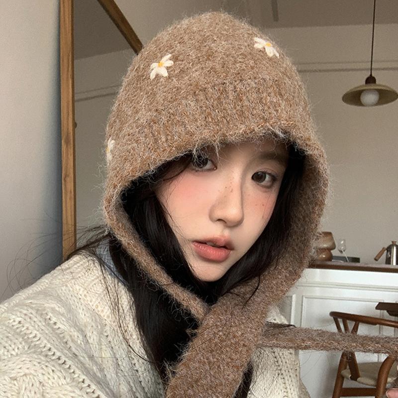 Women Warm Windproof Ear Protection Hat Scarf Small Flower Casaul Knitted Hat