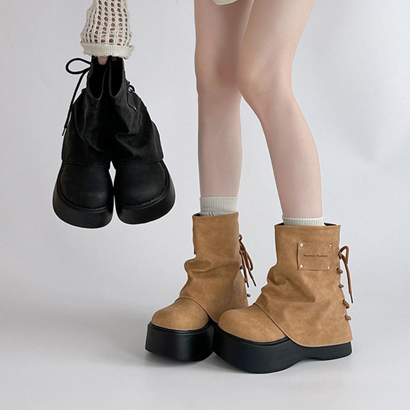 Retro Bak Snøring Skinny Tykke Støvletter Høst og Vinter Allsidige Bukse-Støvletter Dame Martin Støvletter Ridestøvletter