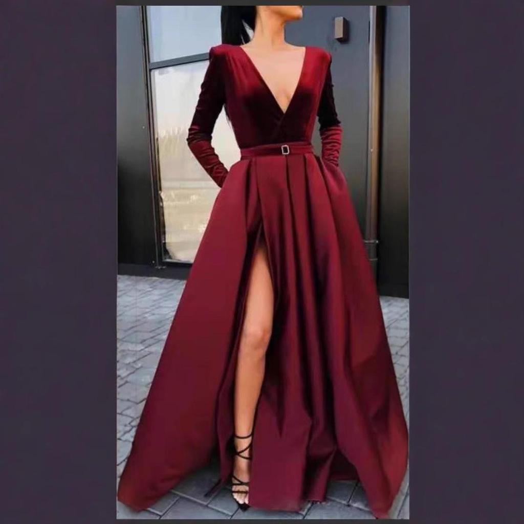 Deep V Long Sleeve Evening Dress for Women with Slit and Large Hem