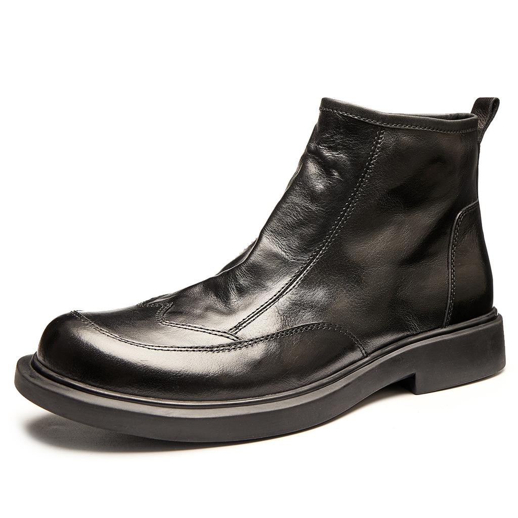 Men'S Martin Boots Spring And Autumn High Top Zipper Leather Tooling Boots Thick-Soled Round Head Tide Leather Boots Outdoor Boots Men