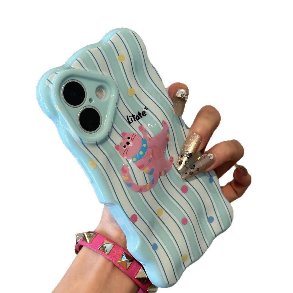 Polka Dot Striped Cat Is Suitable for Apple 17/16pro Mobile Phone Case 14 Wavy Clouds 13 Fine Holes 15 Three-dimensional 12 Soft