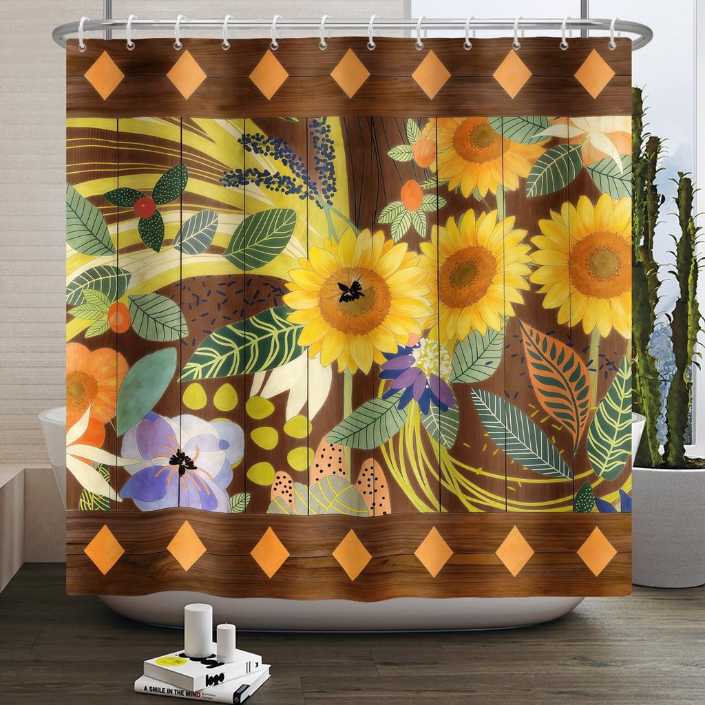 Country Sunflower Theme Waterproof Shower Curtain Wood Texture Barn Door Design Rustic Farmhouse Vintage Style Bathroom Decor