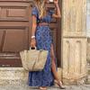 Floral Printed Belt V-neck Short Sleeve Women Long Dress Side Split Summer Lady Holiday Robe