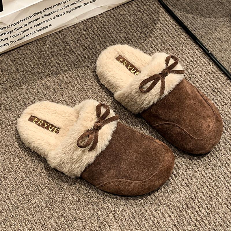 

Меховые женские тапочки балетки с бантом мюли туфли платье женщина хлопковая обувь зима 2025 новый дизайнер теплые mujer botas 40 кофейный