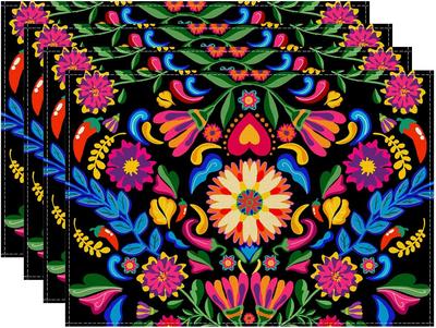 Bunte Blumen Paprika Dia De Los Muertos Cinco De Mayo Tag der Toten Tischsets Set von 4 Tischmatten für Party Zuhause Küche Esstisch Dekoration