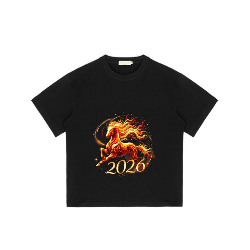 Black T Shirt With Flame Horse And 2026 Print For Casual Wear