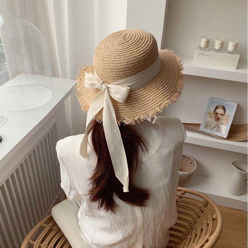 Rough Edge Flat Top Lafite Hat Female Bow Small Fresh Sun Protection Seaside Vacation Beach Sun Hat