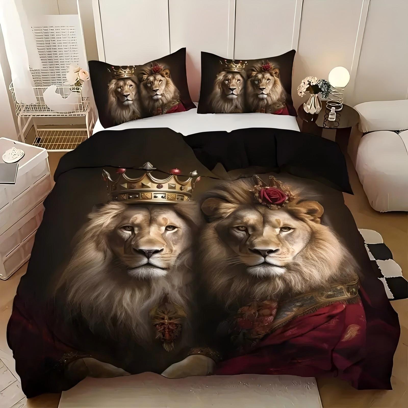 

Crown Lions pattern 3D Printed Duvet Cover Soft Comfortable Bedding Set Wildlife Theme Couple style Quilt Cover Set Pillowcases 135x200cm 2pcs