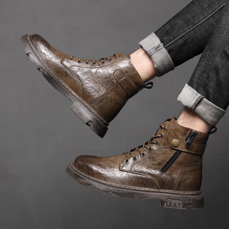 Fashion Leather Fashion Basic Boots Men Side Zipper Men's Shoes Outdoor Male Motorcycle Boots All-match Fashion Mens High Top Sneakers