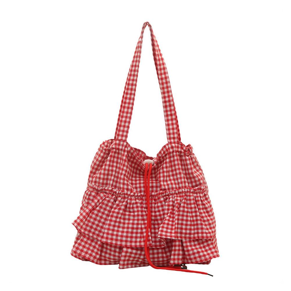 Large Capacity Shoulder Bag Fashion Ruffles Design Casual Lotus Leaf Plaid Shoulder Bag  Simple Commute Shopping Bag